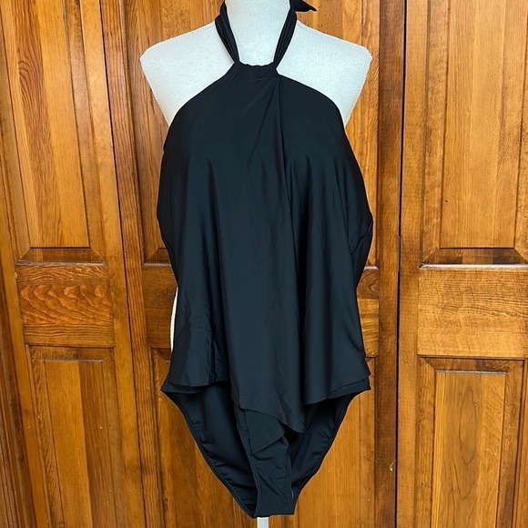 Black One Piece Swimsuit with Split Midline Batwing Flap Material 3XL - Picture 2 of 10
